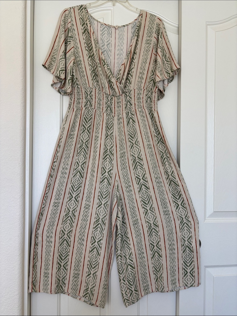 Striped V-Neck Wide-Leg Jumpsuit in Cream & Green